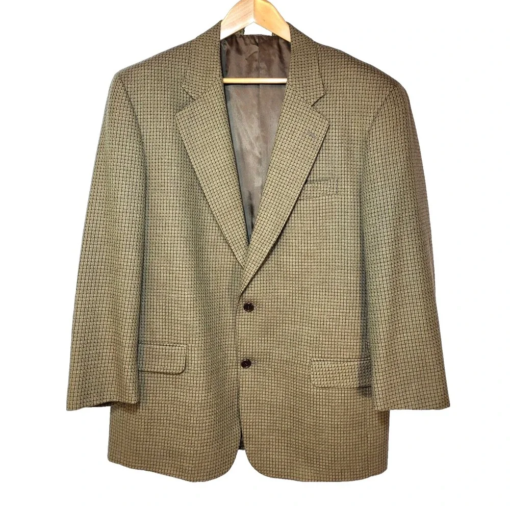 Louis Feraud‎ Olive Brown Wool Plaid Blazer 2 Front Button Lined Size 43R